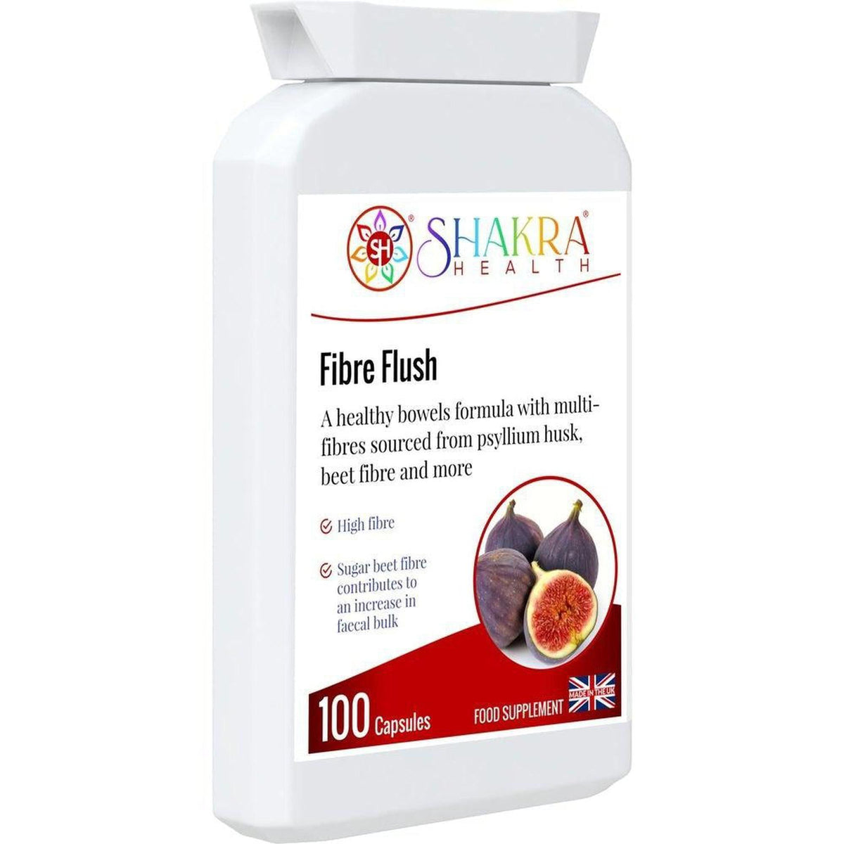 White bottle of Shakra Health Fibre Flush capsules with a label featuring fresh figs and product information.
