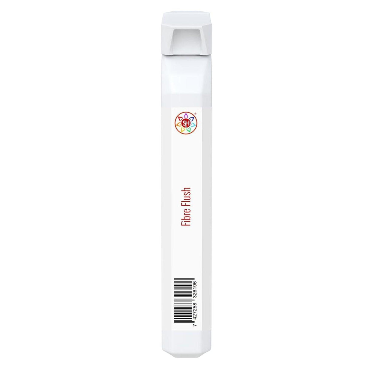 Slim white Fibre Flush supplement stick pack with a colorful floral logo and barcode on a clean white background.