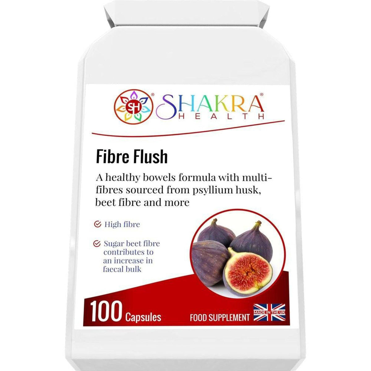 White bottle of Shakra Health Fibre Flush capsules with a label featuring figs and red accent branding.