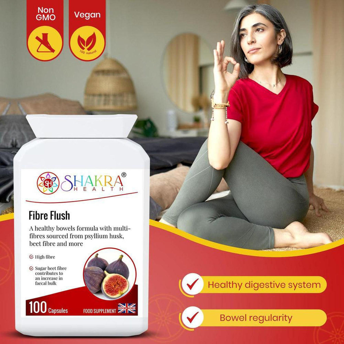 White bottle of Fibre Flush capsules with a red label, featuring a woman in a red shirt practicing yoga in the background.