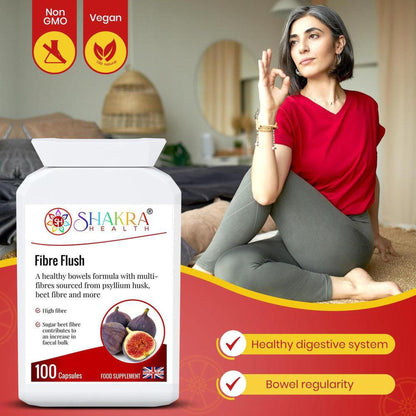 White bottle of Fibre Flush capsules with a red label, featuring a woman in a red shirt practicing yoga in the background.