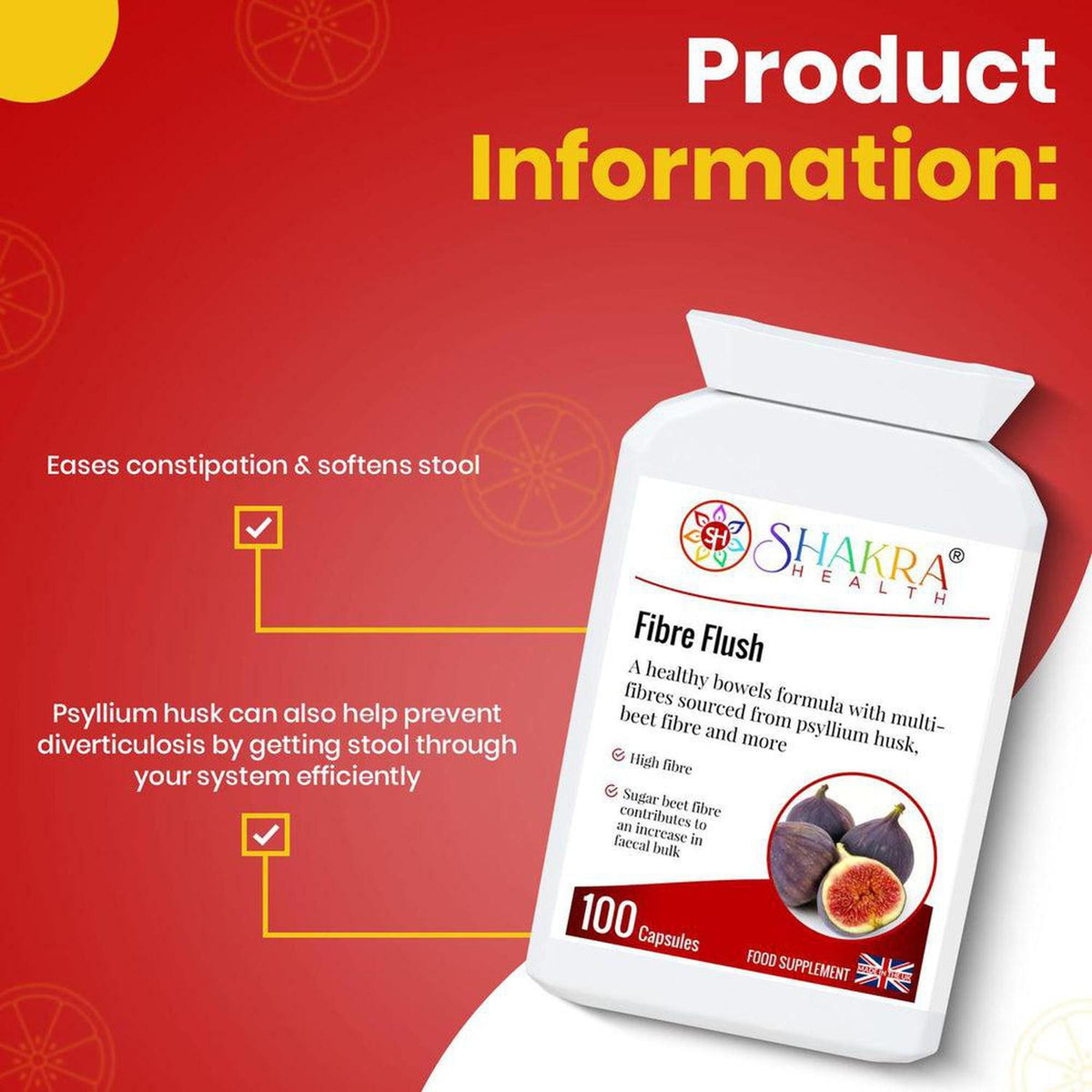 White bottle of Shakra Health Fibre Flush capsules with text highlights on a red background featuring fig illustrations.