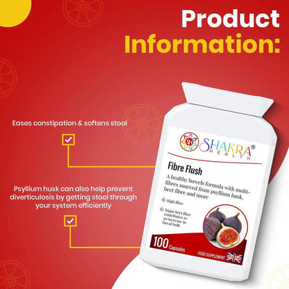 White bottle of Shakra Health Fibre Flush capsules with text highlights on a red background featuring fig illustrations.