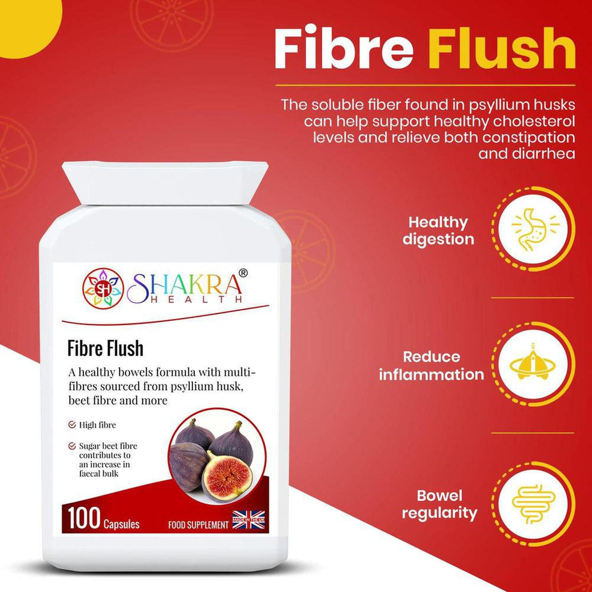 White bottle of Shakra Health Fibre Flush capsules with fig imagery on a red background featuring wellness icons.