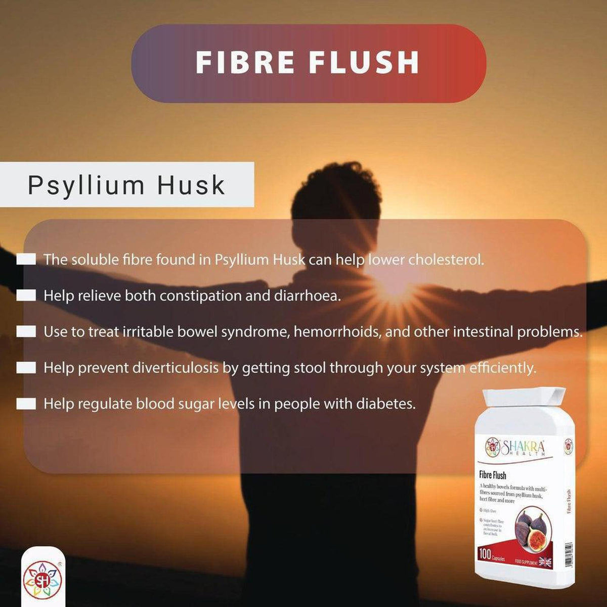 Fibre Flush supplement bottle with a list of psyllium husk health benefits against a sunset silhouette background.