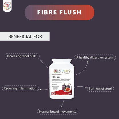 White bottle of Fibre Flush capsules with a fig graphic, surrounded by text highlighting digestive health benefits.