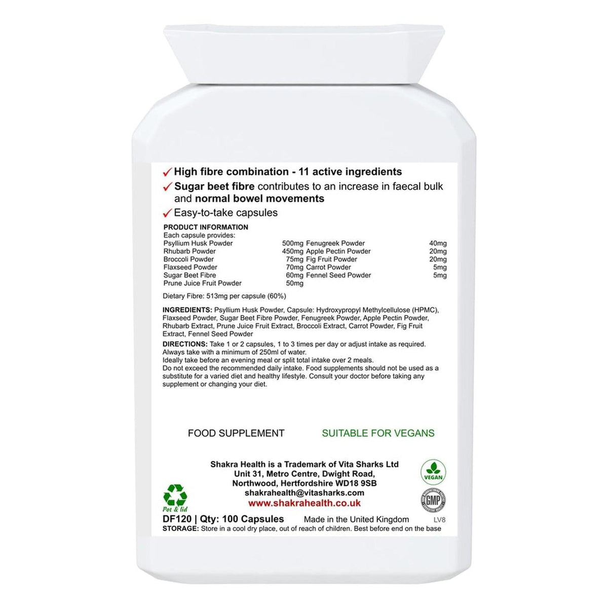 White plastic supplement bottle with a detailed ingredient label for Fibre Flush 100 vegan capsules.