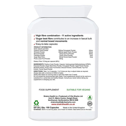 White plastic supplement bottle with a detailed ingredient label for Fibre Flush 100 vegan capsules.
