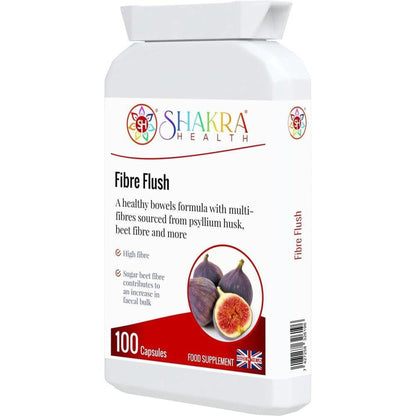 White bottle of Shakra Health Fibre Flush capsules featuring a fig graphic and 100 capsule count label.
