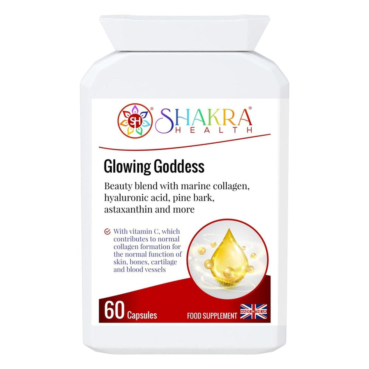 White bottle of Shakra Health Glowing Goddess marine collagen capsules with a gold liquid drop graphic on the label.