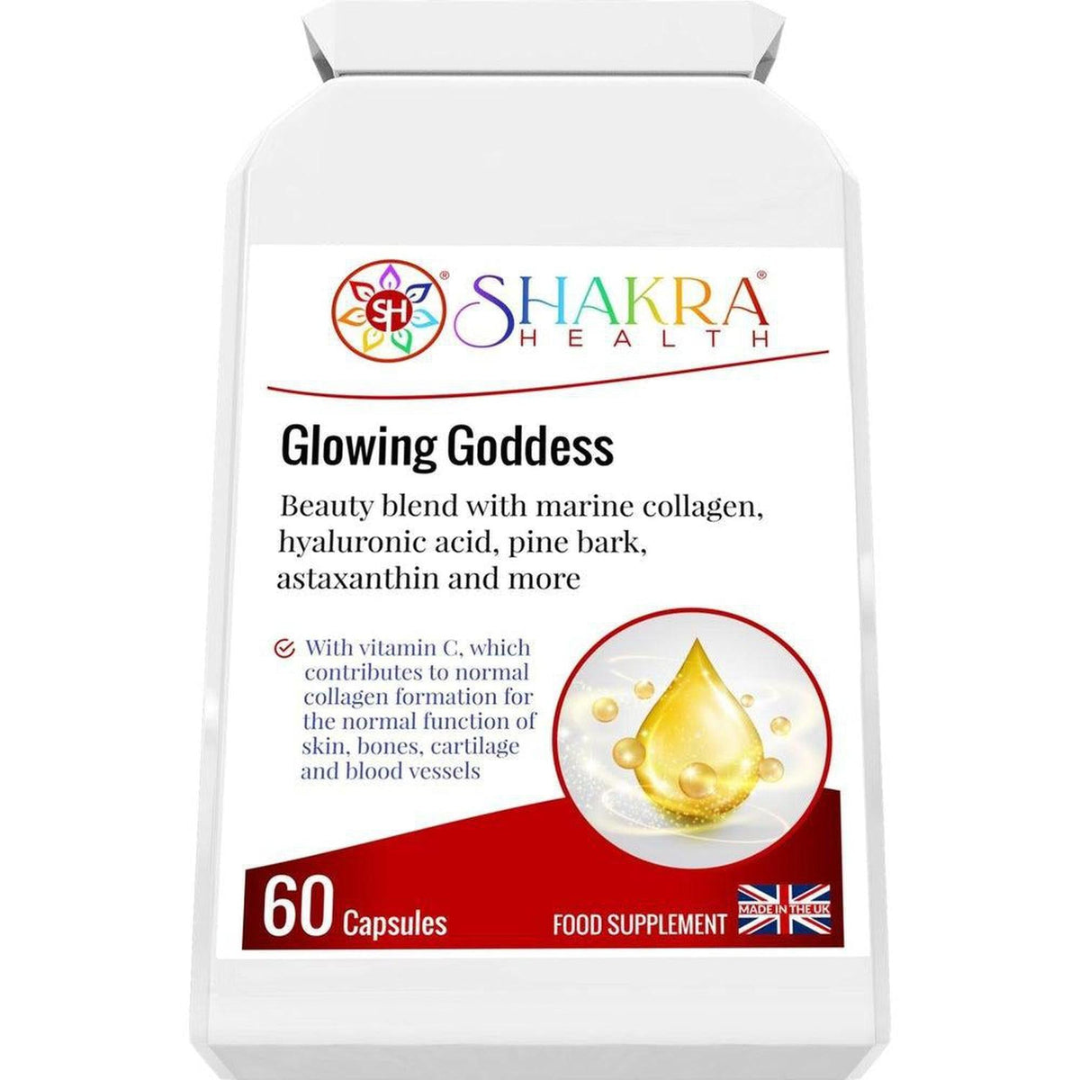 White bottle of Glowing Goddess marine collagen capsules with a gold liquid drop icon and Shakra Health branding.