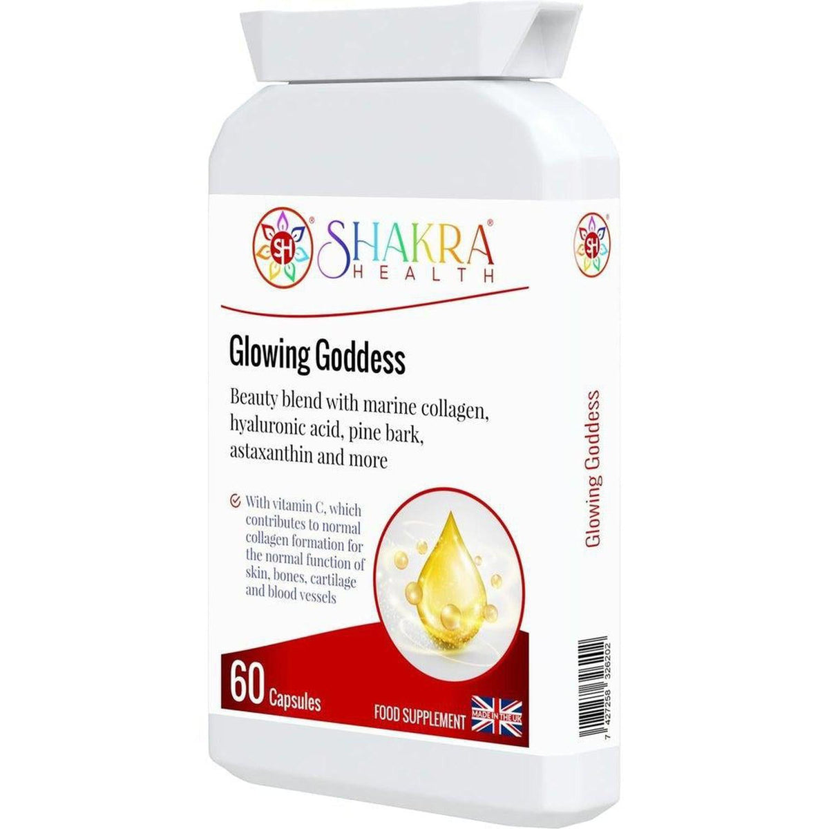 White bottle of Shakra Health Glowing Goddess marine collagen capsules with a golden droplet graphic on the label.