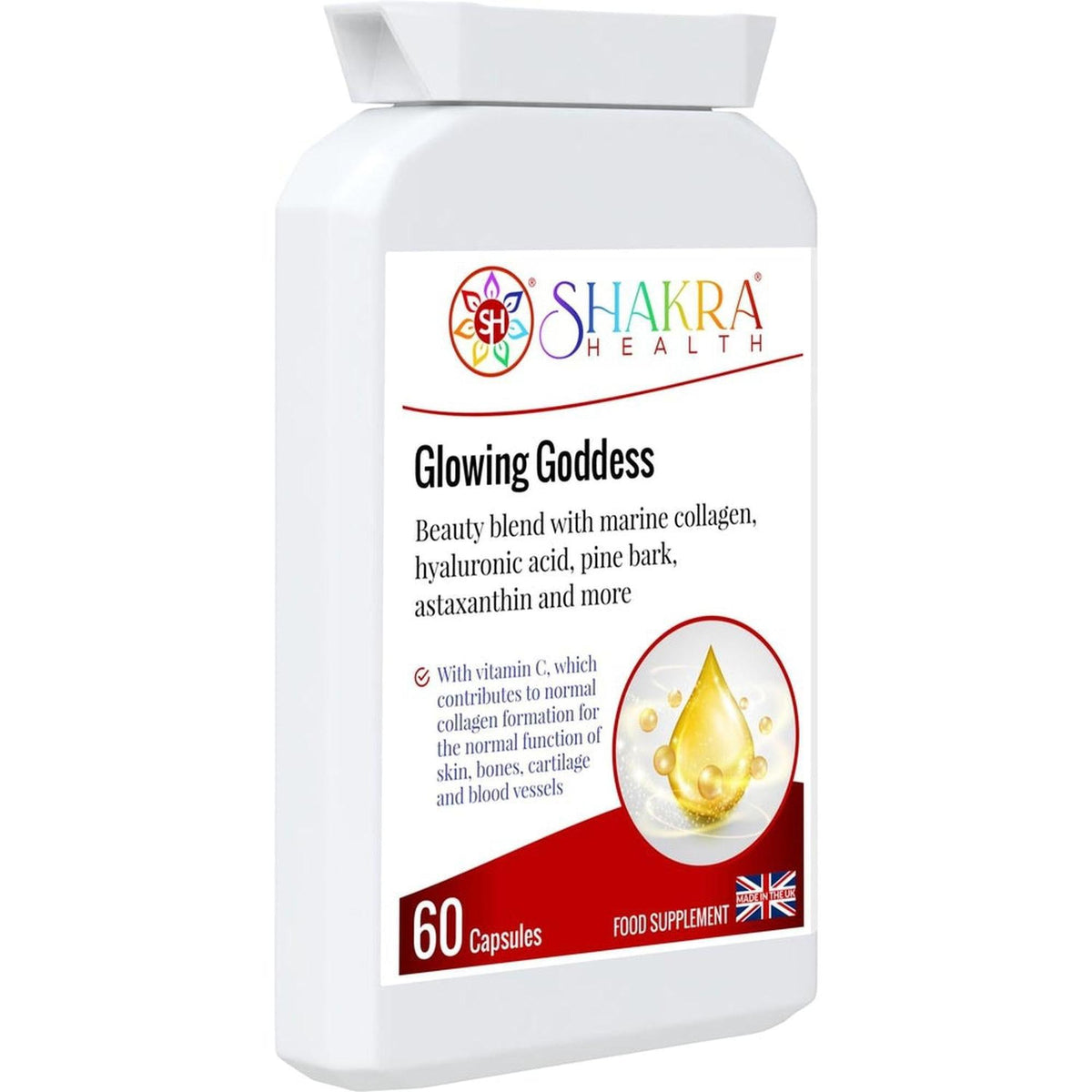 White supplement bottle of Shakra Health Glowing Goddess marine collagen capsules with a gold liquid drop icon.