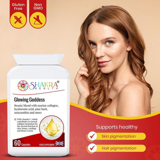 White bottle of Shakra Health Glowing Goddess marine collagen capsules next to a smiling woman with wavy brown hair.