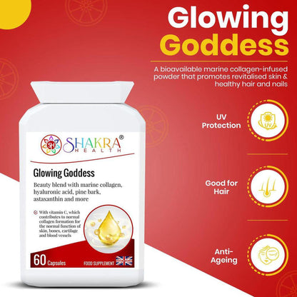 White bottle of Shakra Health Glowing Goddess marine collagen capsules on a red background with health benefit icons.
