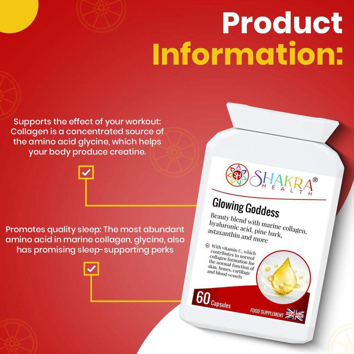 White bottle of Shakra Health Glowing Goddess marine collagen capsules on a red background with product benefits listed.
