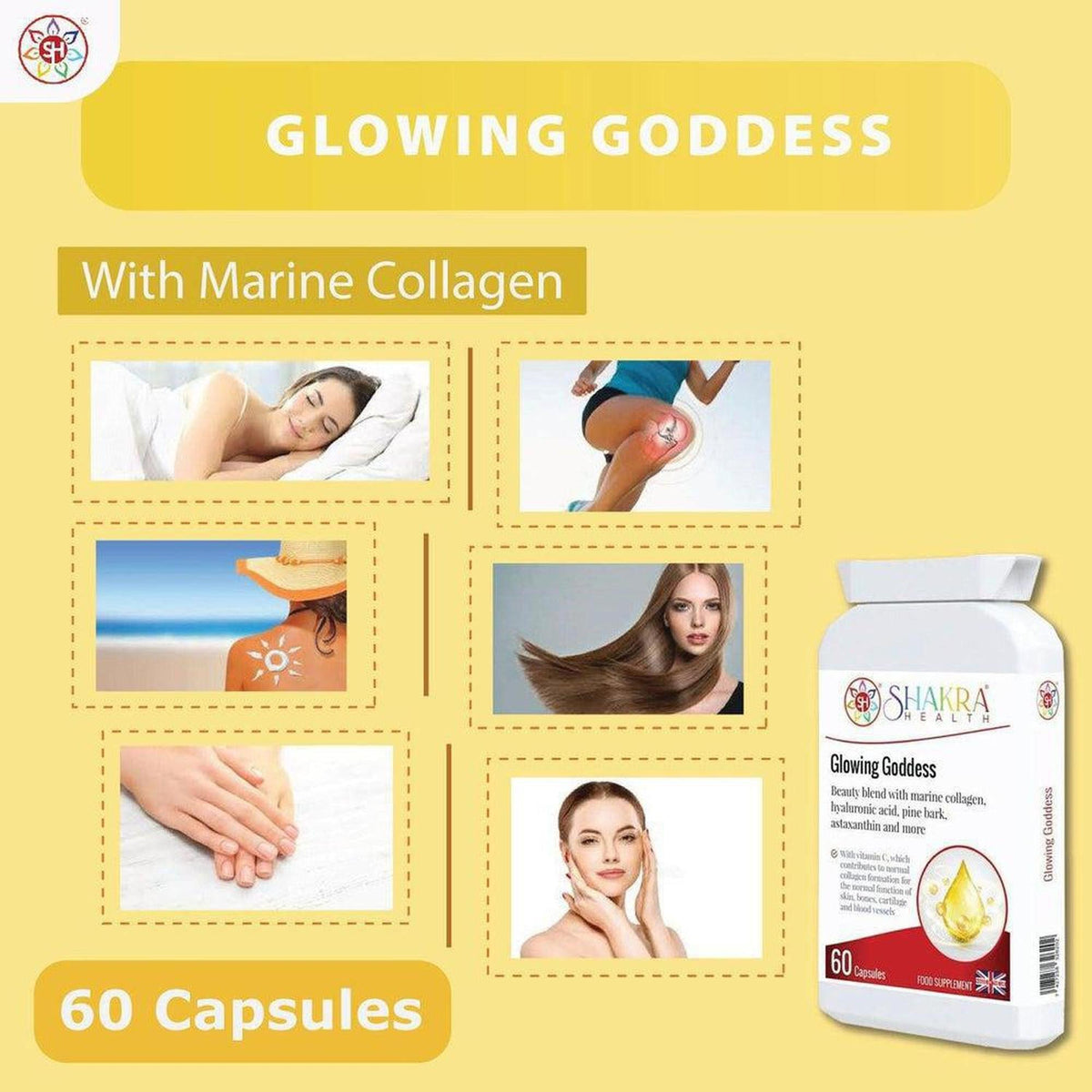 Glowing Goddess marine collagen supplement bottle with 60 capsules, featuring lifestyle images of skin and hair health.