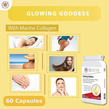 Glowing Goddess marine collagen supplement bottle with 60 capsules, featuring lifestyle images of skin and hair health.