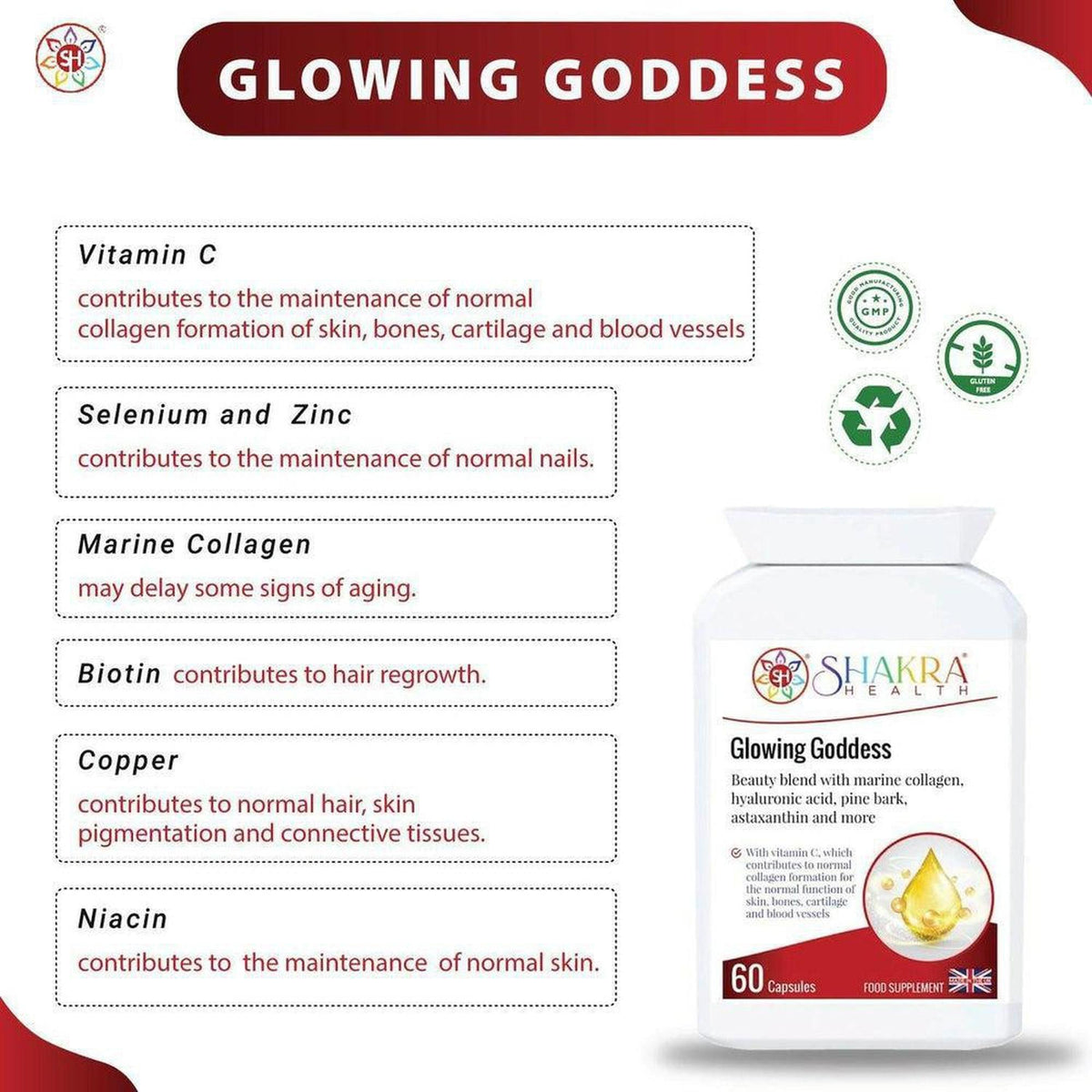 Shakra Health Glowing Goddess supplement bottle with a list of ingredients like Vitamin C, marine collagen, and biotin.