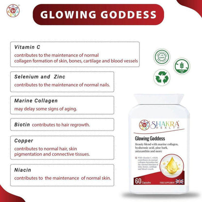 Shakra Health Glowing Goddess supplement bottle with a list of ingredients like Vitamin C, marine collagen, and biotin.