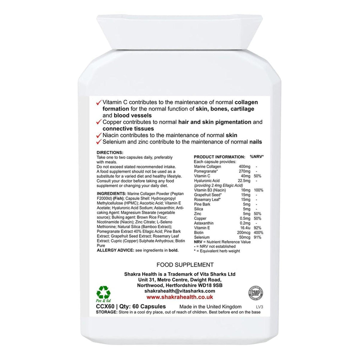 White plastic supplement bottle label showing ingredients, directions, and nutritional information for Glowing Goddess.