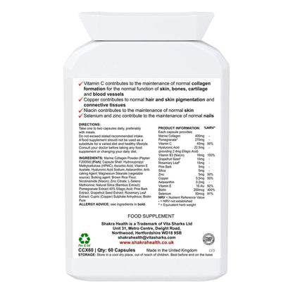 White plastic supplement bottle label showing ingredients, directions, and nutritional information for Glowing Goddess.