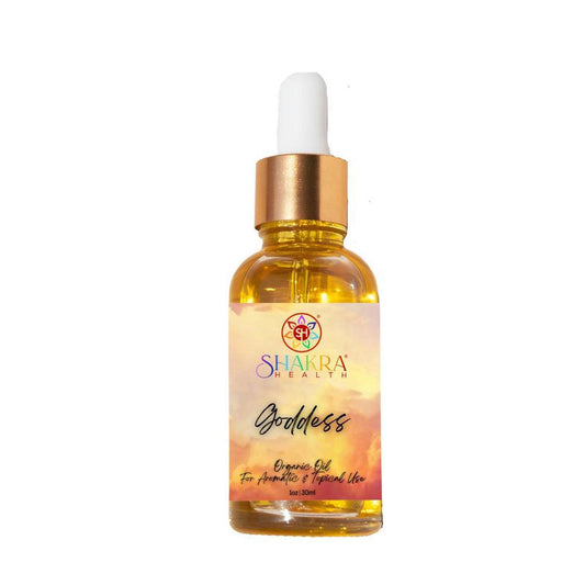 Goddess Ritual Oil in a 30ml amber glass dropper bottle with a gold cap and sunset-themed label by Shakra Health.
