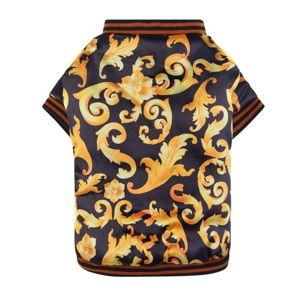 Black satin dog bomber jacket with ornate gold baroque filigree print and striped ribbed knit trim.