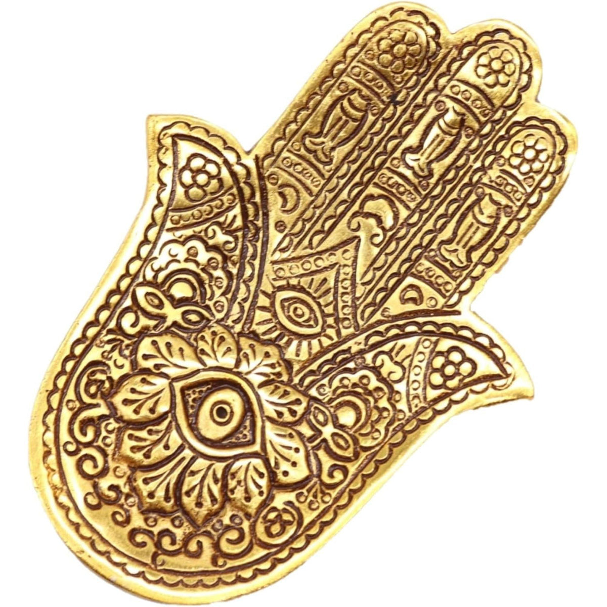 Polished gold aluminum Hamsa hand incense holder with intricate bohemian engravings and a central eye design.