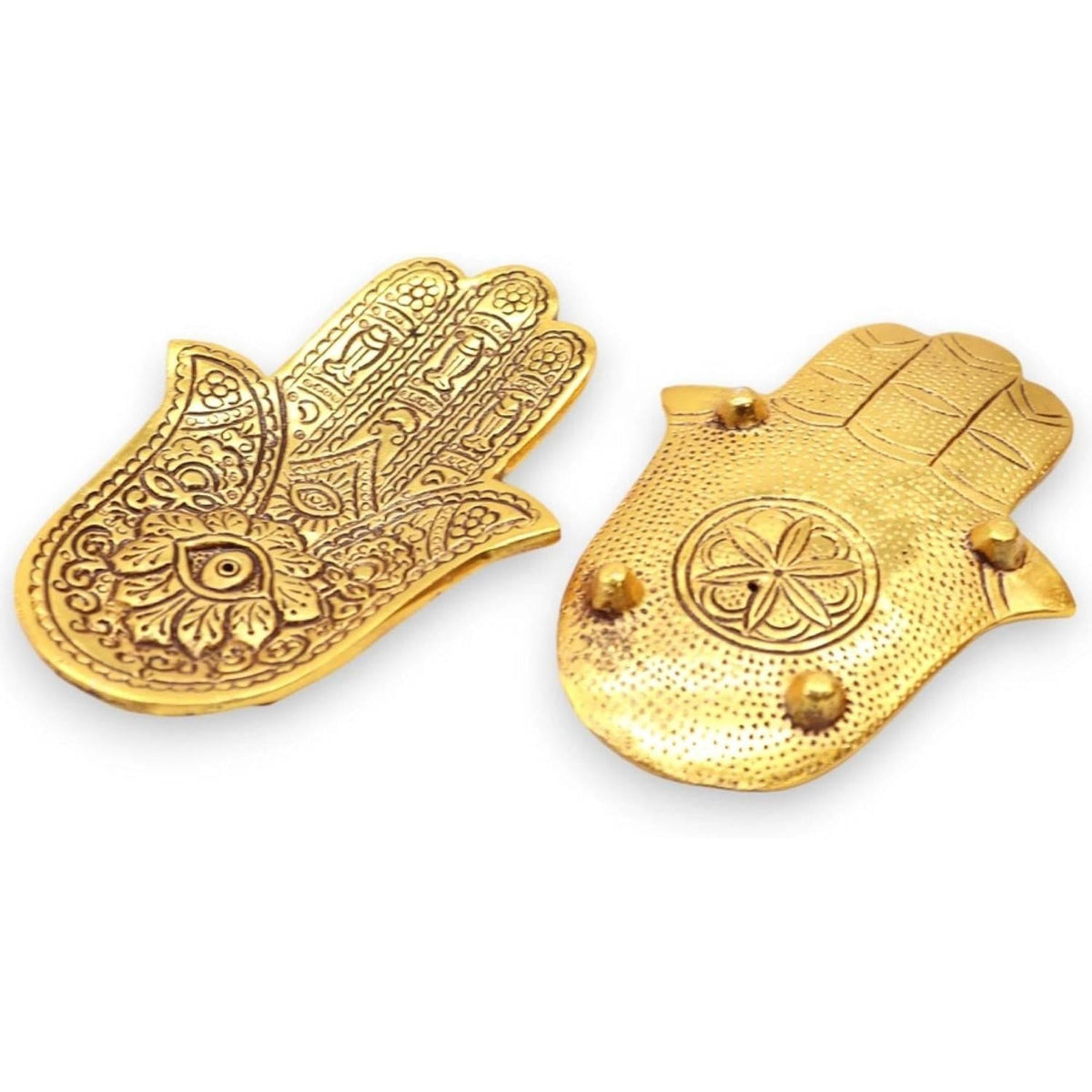 Two polished gold aluminum Hamsa hand incense holders with intricate engraved details and a 13cm bohemian design.