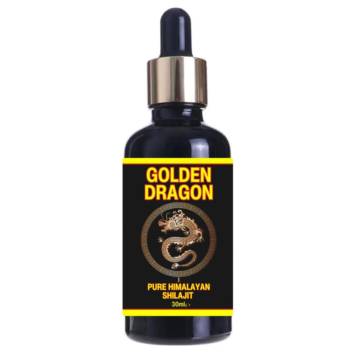 30ml Golden Dragon Himalayan Shilajit resin in a black glass dropper bottle with a gold-accented label and dragon logo.