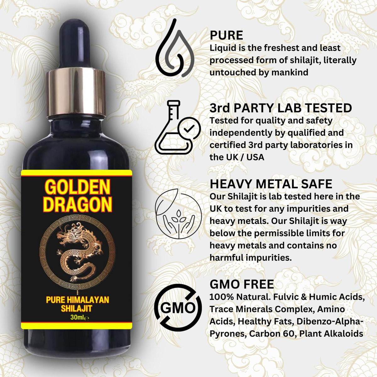 Golden Dragon Himalayan Shilajit 30ml dropper bottle with gold dragon label and purity benefit icons on a patterned background.