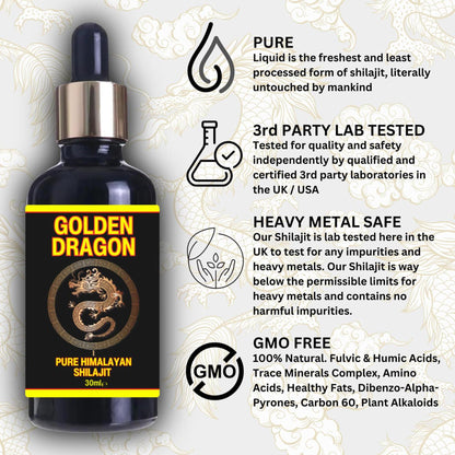 Golden Dragon Himalayan Shilajit 30ml dropper bottle with gold dragon label and purity benefit icons on a patterned background.