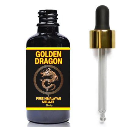 30ml black glass bottle of Golden Dragon Himalayan Shilajit with a gold-capped glass dropper on a white background.