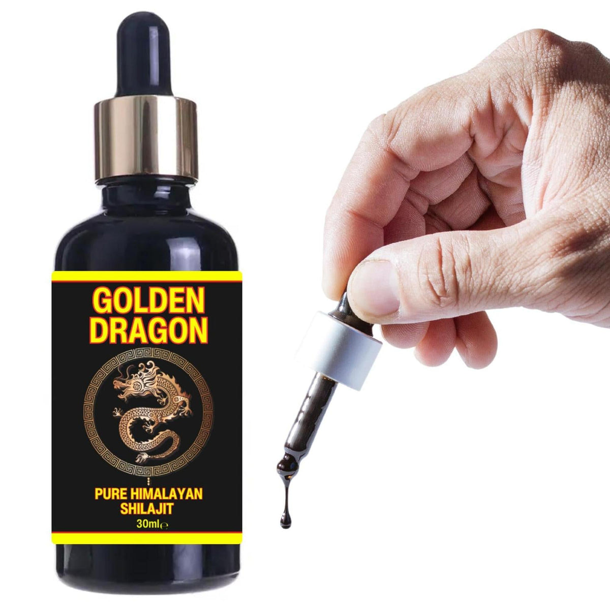 Golden Dragon Himalayan Shilajit 30ml resin drops in a black glass bottle with a hand holding a dropper of dark extract.