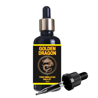 Golden Dragon Himalayan Shilajit 30ml black glass dropper bottle with a gold dragon logo label and separate glass pipette.