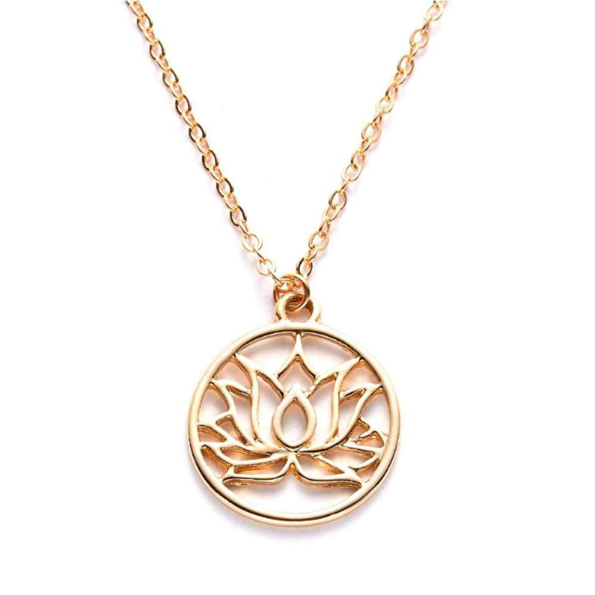 Gold-tone necklace featuring a circular pendant with an intricate, openwork lotus flower design on a delicate chain.