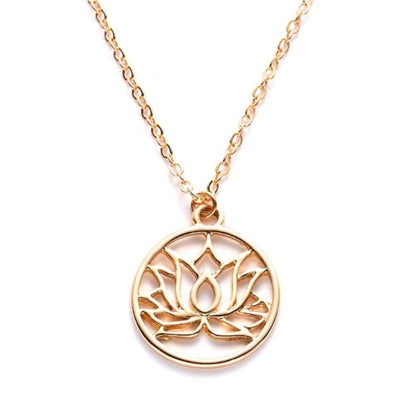 Gold-tone necklace featuring a circular pendant with an intricate, openwork lotus flower design on a delicate chain.