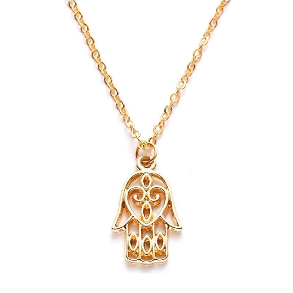 Gold-tone Hamsa hand pendant necklace with intricate cut-out detailing on a delicate matching chain.