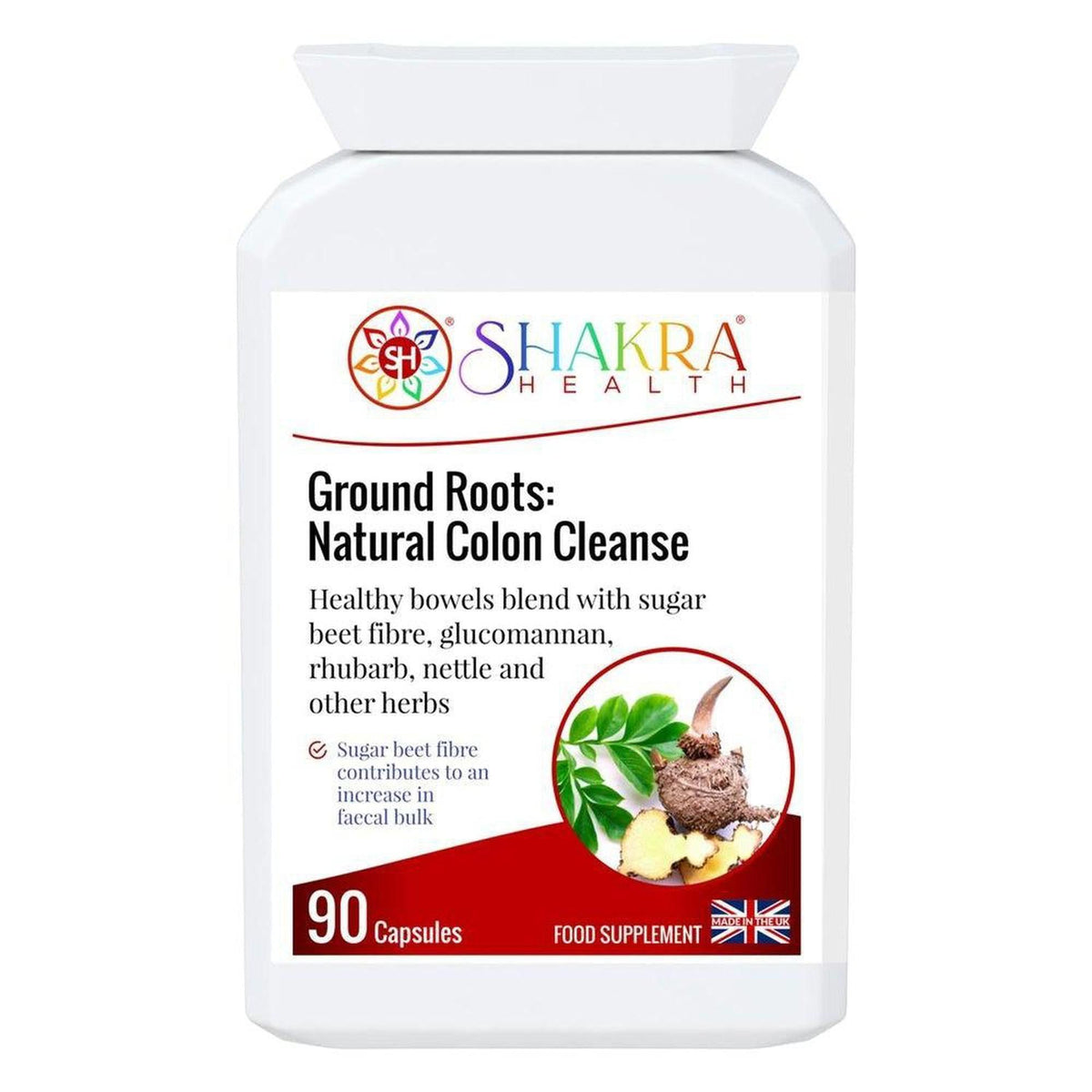 White bottle of Ground Roots Natural Colon Cleanse capsules with a label featuring herbal ingredients and 90 count text.