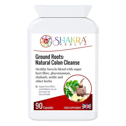 White bottle of Ground Roots Natural Colon Cleanse capsules with a label featuring herbal ingredients and 90 count text.