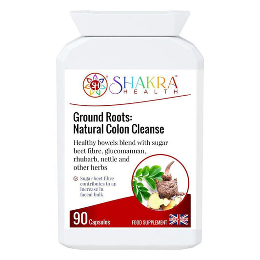 White bottle of Ground Roots Natural Colon Cleanse capsules with a label featuring herbal ingredients and 90 count text.