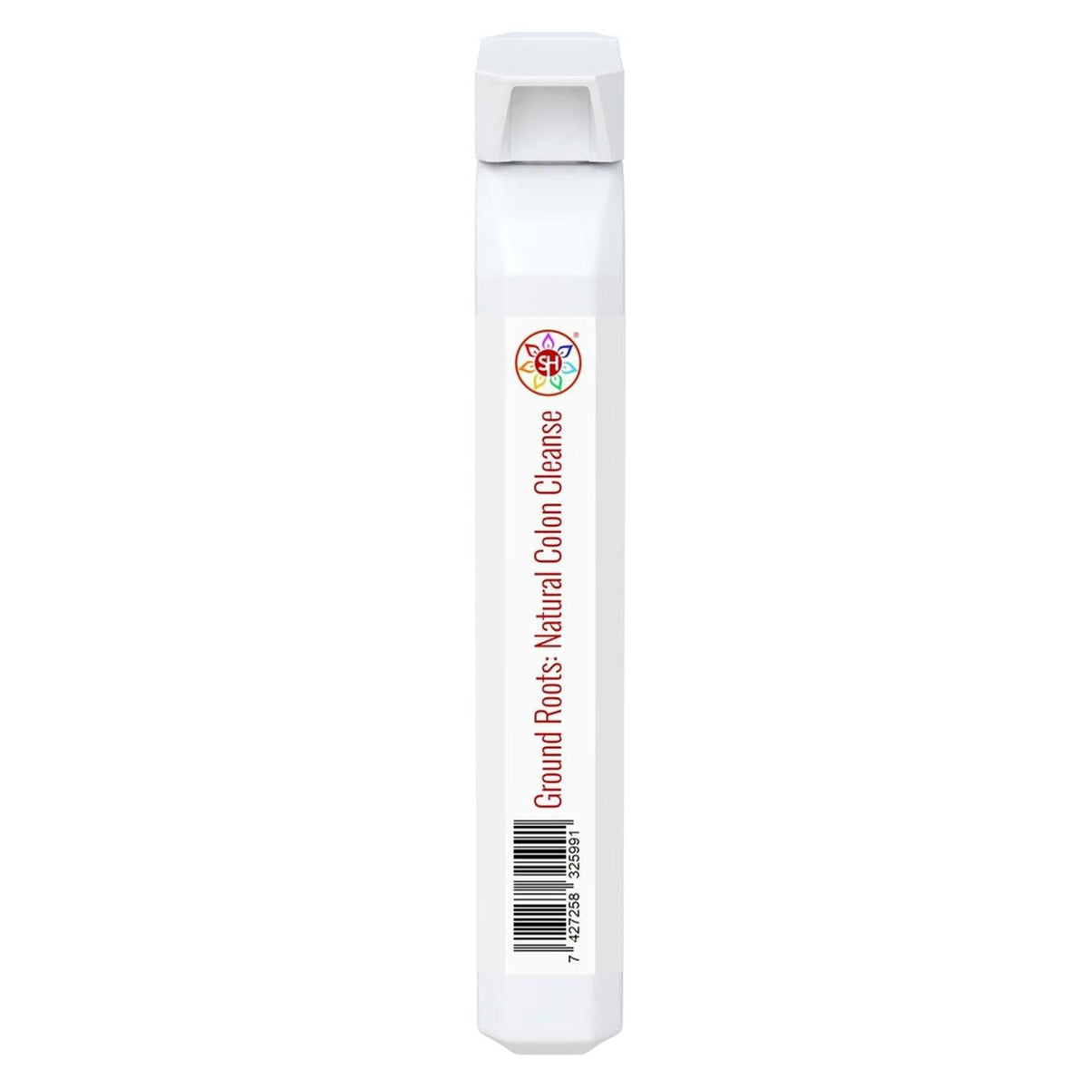 White, slim, rectangular Ground Roots Natural Colon Cleanse bottle with a colorful logo and barcode on the front.