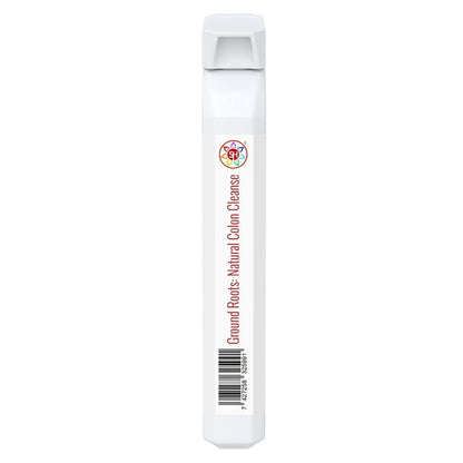 White, slim, rectangular Ground Roots Natural Colon Cleanse bottle with a colorful logo and barcode on the front.