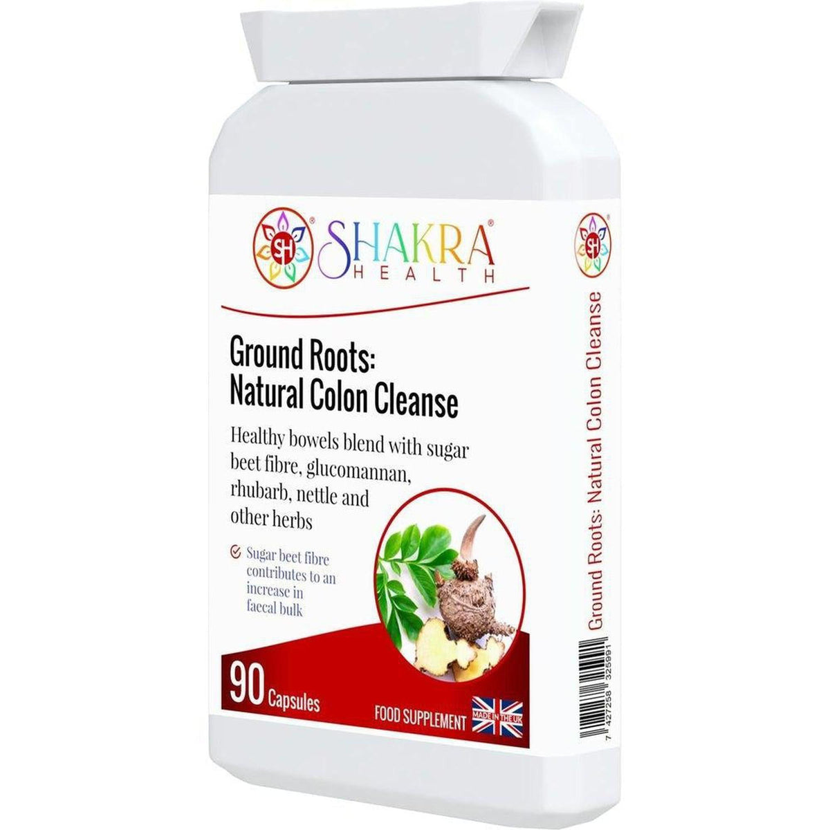 White plastic bottle of Ground Roots Natural Colon Cleanse capsules with a botanical label and 90-count text.