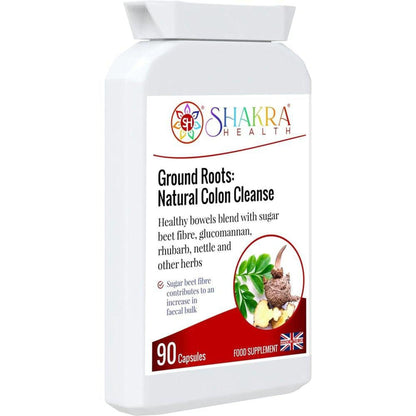 White bottle of Ground Roots Natural Colon Cleanse capsules with a label featuring herbal imagery and 90 capsule count.