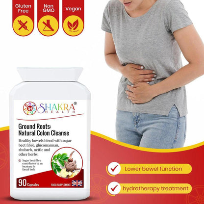White bottle of Ground Roots colon cleanse capsules next to a woman holding her stomach, with dietary icons and text labels.