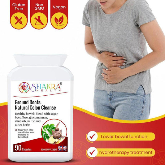 White bottle of Ground Roots colon cleanse capsules next to a woman holding her stomach, with dietary icons and text labels.