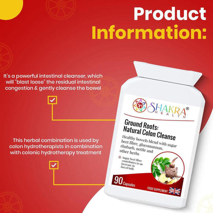 White bottle of Ground Roots Natural Colon Cleanse capsules with herbal ingredients on a red background with text.