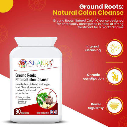 White supplement bottle for Ground Roots colon cleanse with 90 capsules, herbal ingredients, and icons on a red background.